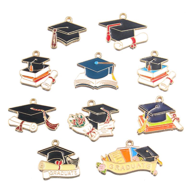 Graduation Season DIY Alloy Enamel Charms: Cap, Flowers, and Book Pendants