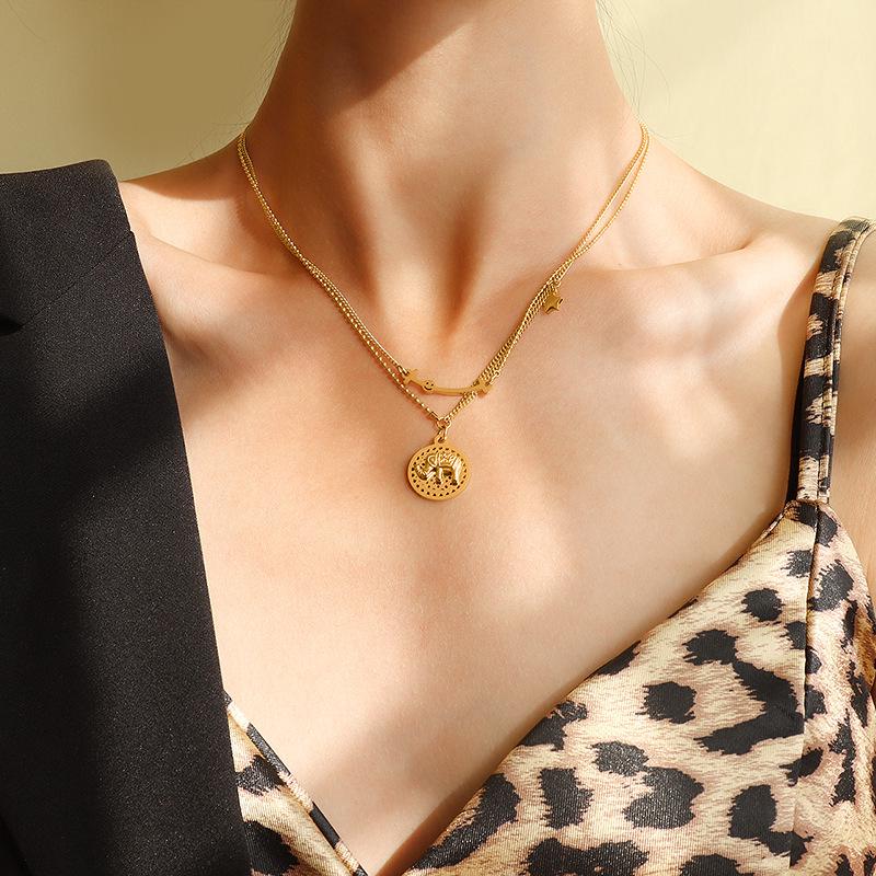 Double Layer Elephant Pendant Titanium Steel Necklace for Women - Smile Design, European/American Style (P931)