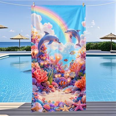 Rainbow Coral Dolphin Style Sky Rainbow Underwater Coral Reef Dolphin Fish Print Quick Dry Summer Beach Towel