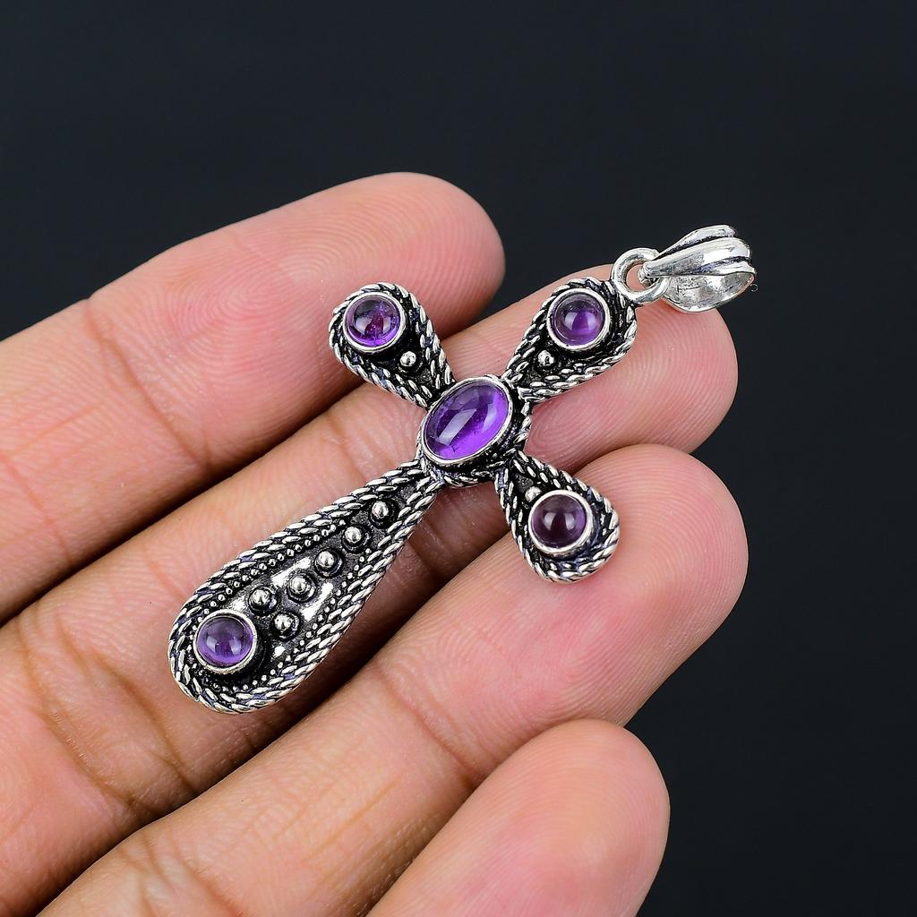 Sage Amethyst Gemstone Handmade 925 Sterling Silver Cross Pendant 2.10" I3f18