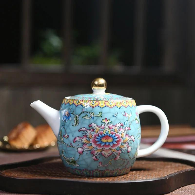 Enamel Painting Tea Pot Porcelain TeaPot Home Ceramic Chinese Tea Set Chinese Color Painting Hotel Restaurant Kettle About 300ML