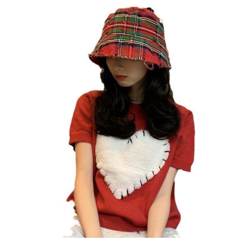 Chic Red Plaid Bucket Hat For Women Vintage Style Sun Protection Breathable Cotton
