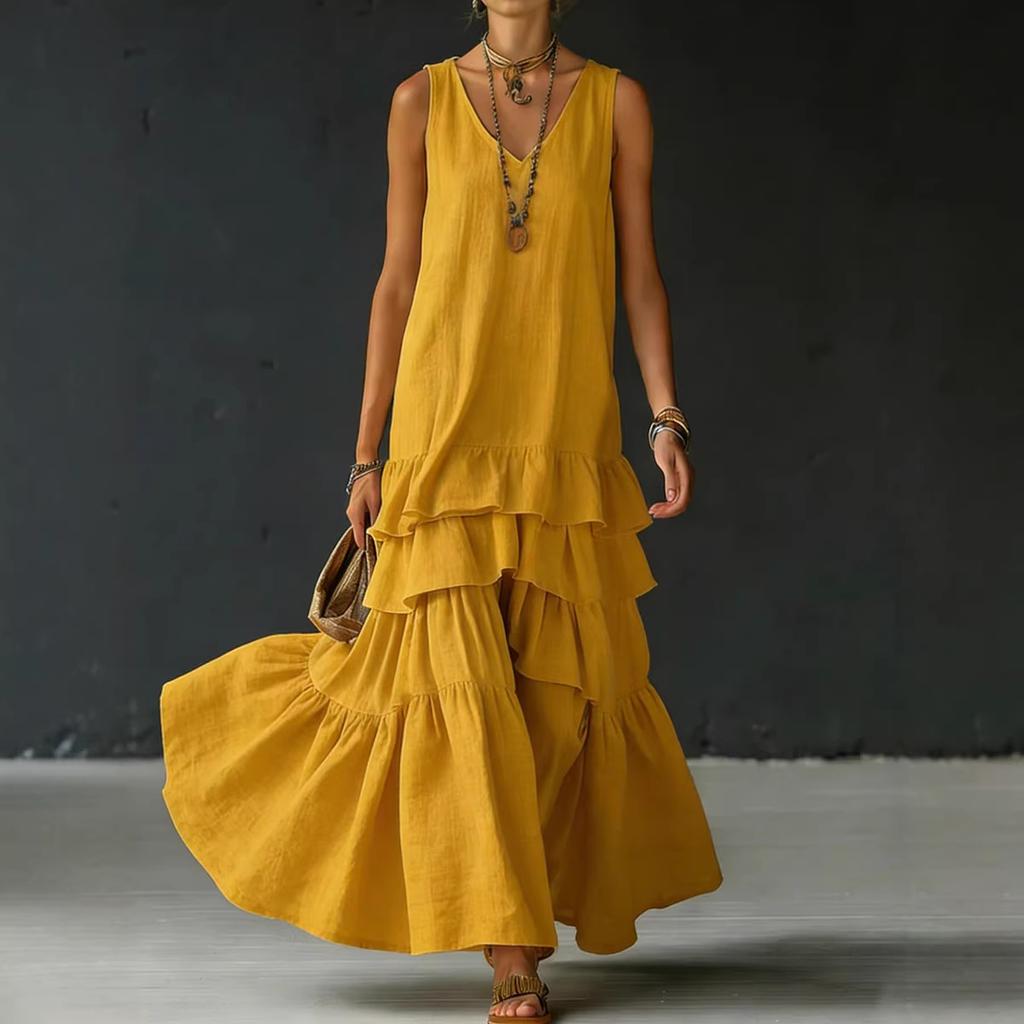 Vestido sin mangas para mujer con cuello en V y volantes en cascada, moda de primavera, casual, nuevo, color liso, holgado, dobladillo ancho, vestido largo