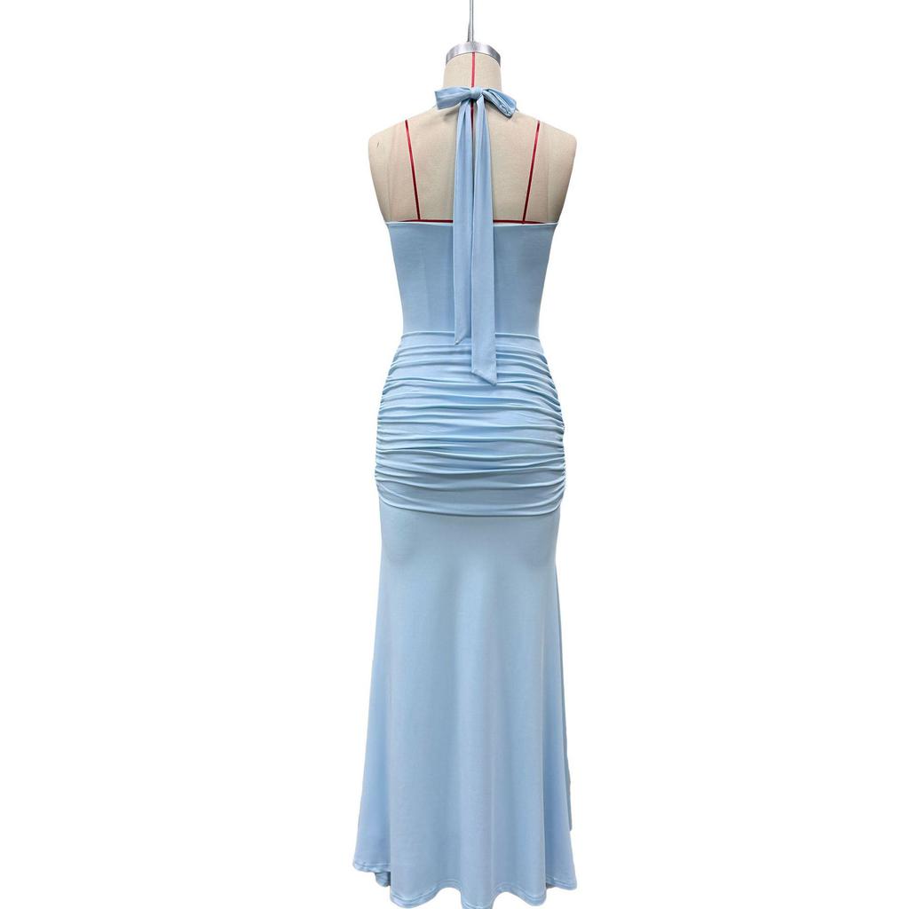 2026 European & American Women's Sleeveless U-Neck Slim-Fit Evening Gown with Waist-Cinched Ribbon