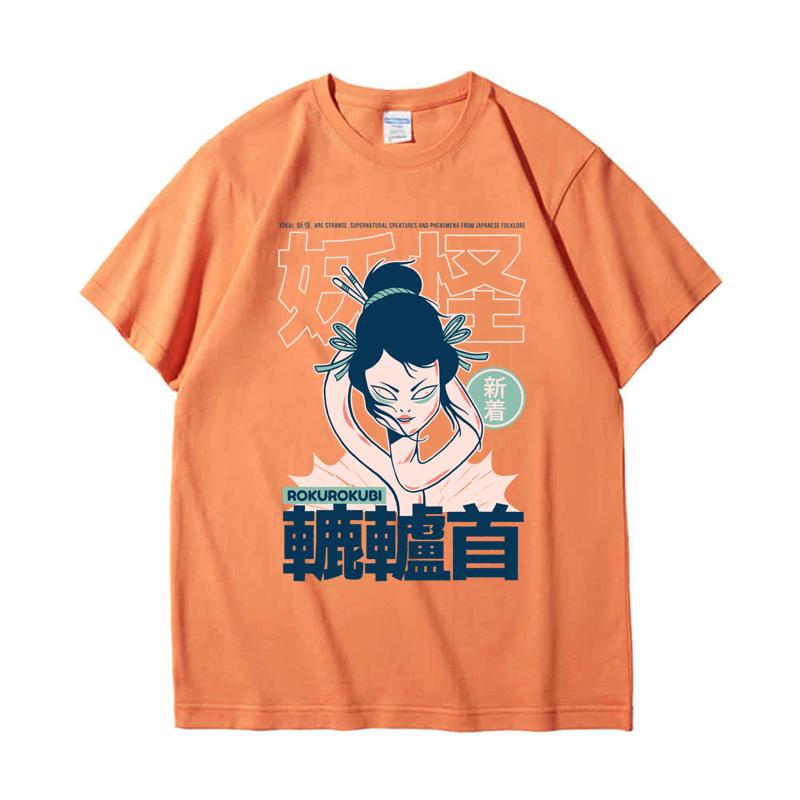 

220GSM Тяжелая футболка из 100% хлопка, японская футболка Yokai Rokurokubi с принтом, мужские повседневные базовые мужские топы с круглым вырезом, футболка