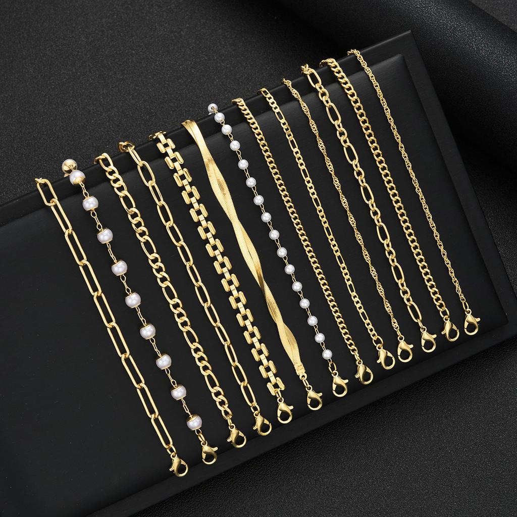 13pcs Fashion Geometric Pearl Bracelet Set for Women Simple Boho Gold Color Twist Smooth Chain Design Bracelets Elegant Jewelry