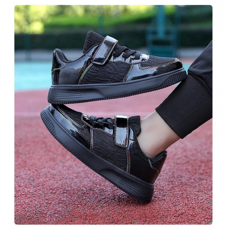 Kids Black Casual Sneakers Boys Girls Lightweight Non-Slip Comfortable Outdoor Shoes With Closure