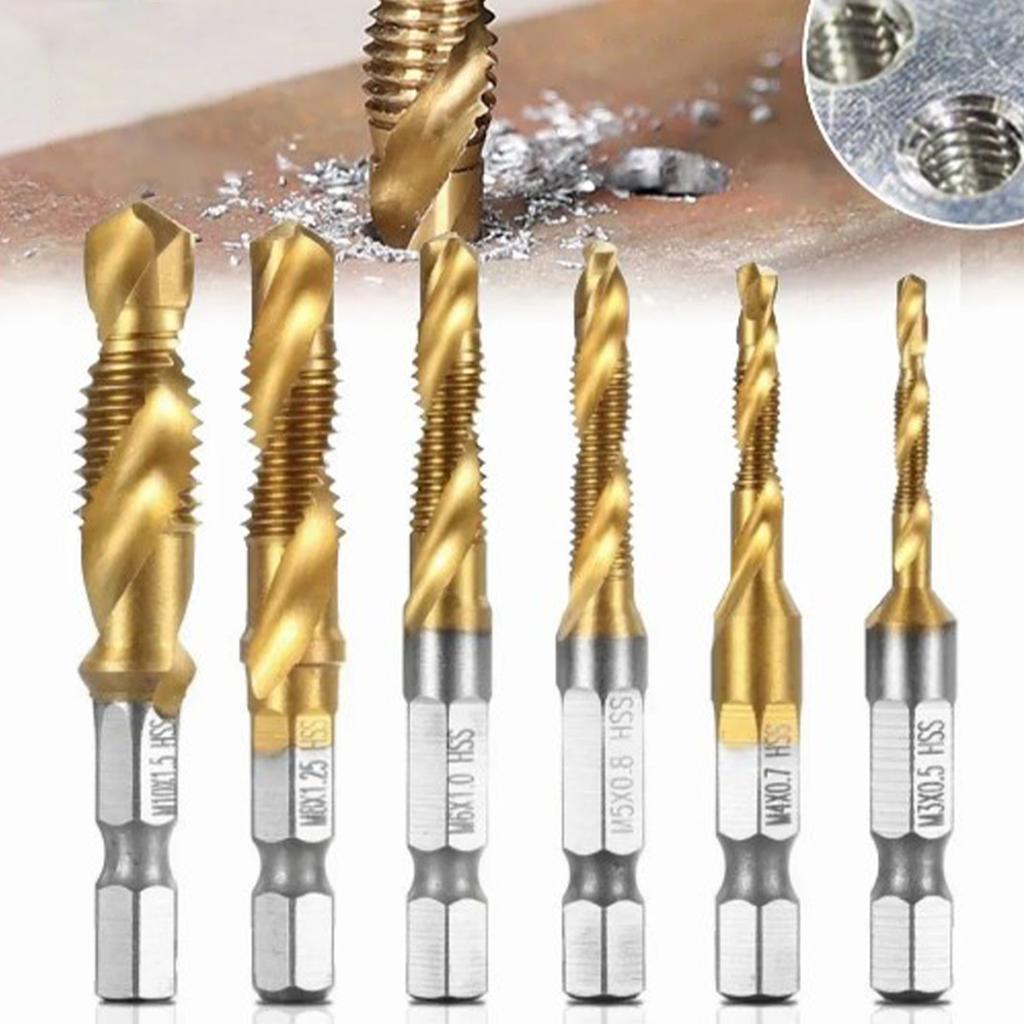 6PCS Hex Shank Tap Drill Bit Set High Speed Steel Spiral Threading Tapping Chamfering Bits