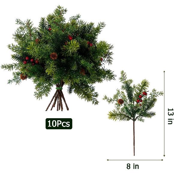 10PCS Artificial Pine Branches with Red Berry Pine Cones Artificial Pine Needles Branches Greenery Stems Fake Greenery Floral Arrangements