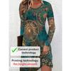 Women's Long-Sleeved Dress, Abstract Painting Gradient Tie-Dye Geometric Pattern, Round Neck, Polyester