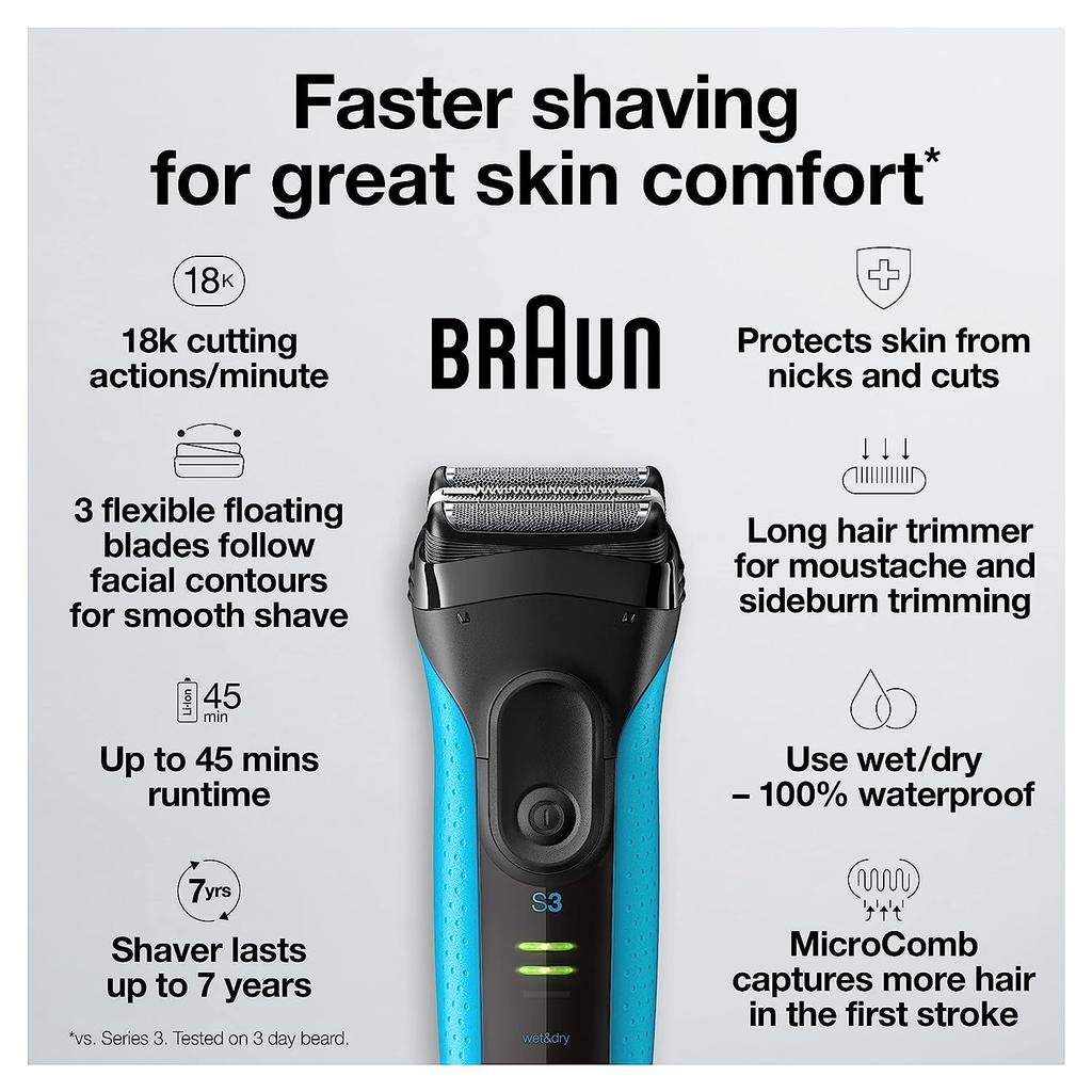 Braun Series 3 ProSkin 3040s Electric Razor Men's Rechargeable Wet and Dry Foil Shaver Blue