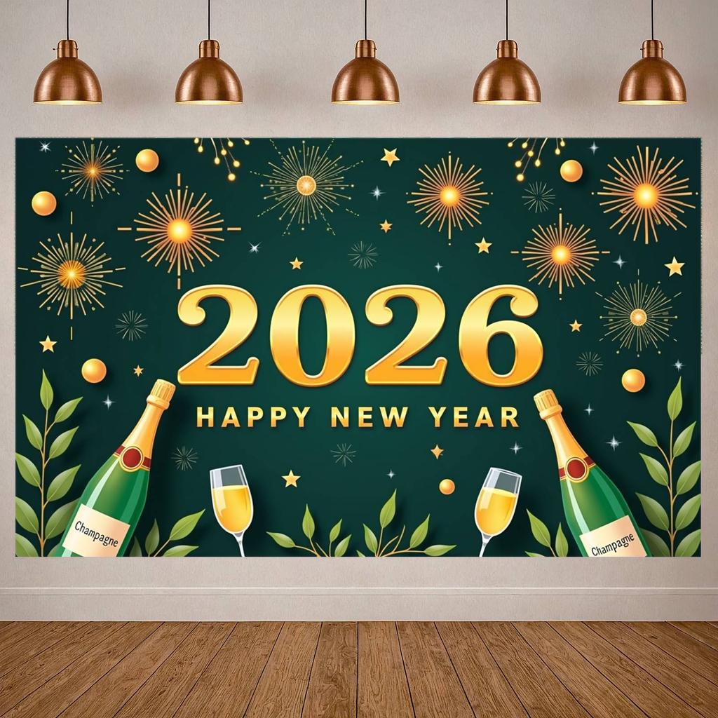 2026 New Year Banner Green Background Champagne Happy New Year Banner for New Year Party 2026 Celebration Holiday Decoration