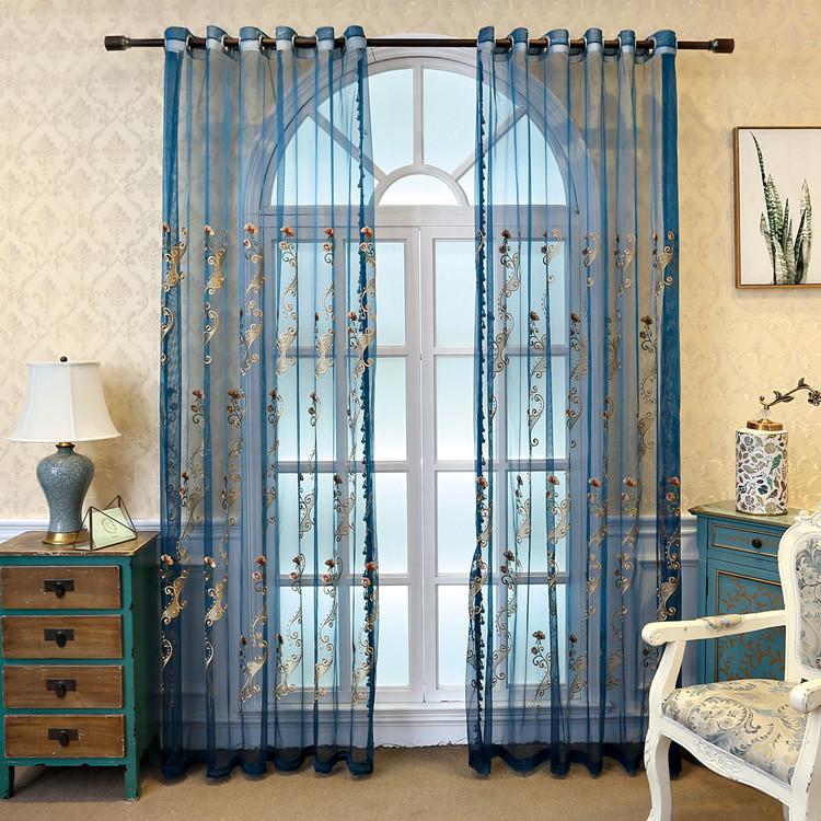 Blue Floral Embroidered European Style Gauze Window Curtain and Mosquito Net.