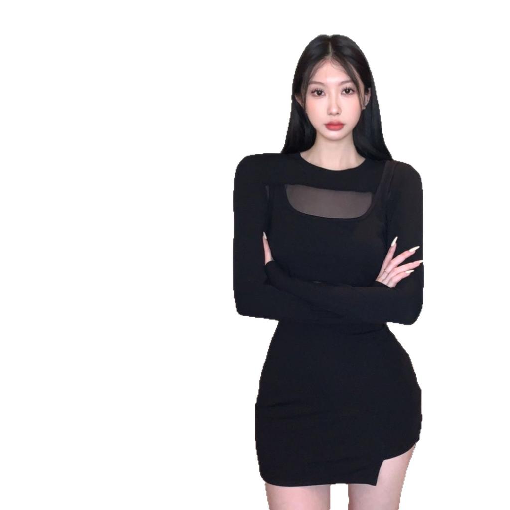 Pure Desire Spice Girl Mesh Splicing Long-sleeved Dress for Women's Autumn and Winter Bottoming, Waist and Thin Buttocks Short Skirt