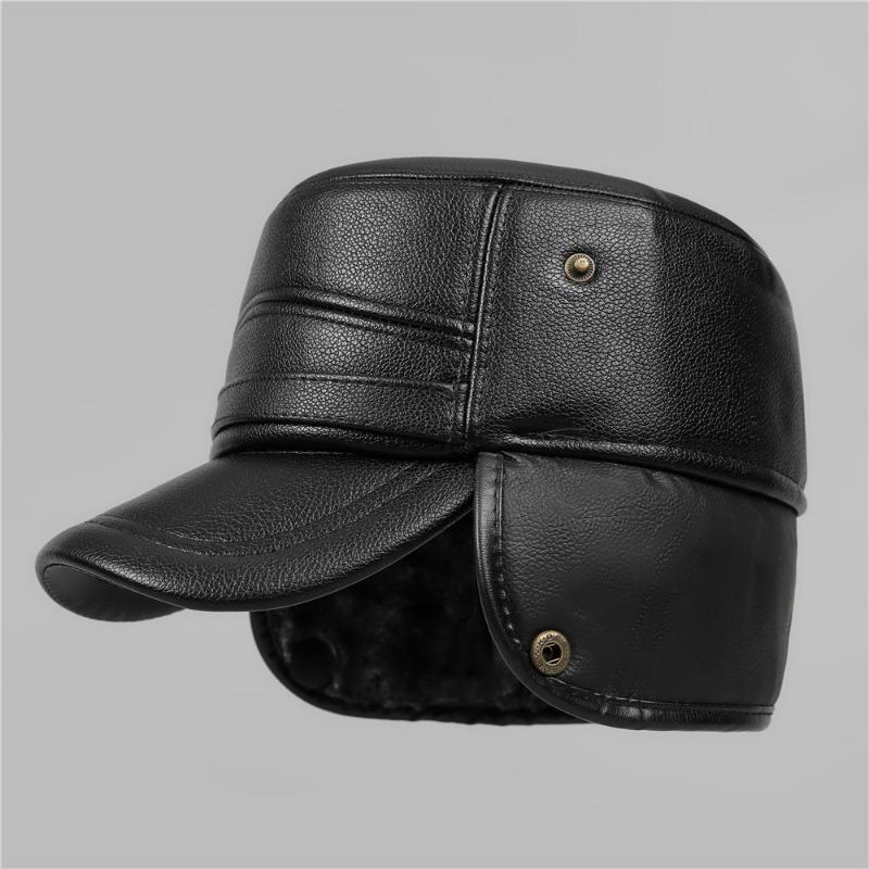 Middle-aged Old Man Hat Men's Winter Warm Leather Hat Fleece Cold-proof Old Man Ear Protector Flat Top Cap