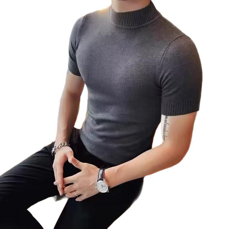 Men's Cross-Stitch Short Sleeve Knitted Sweater T-Shirt, Half-High Collar, Autumn/Winter Base Layer Top