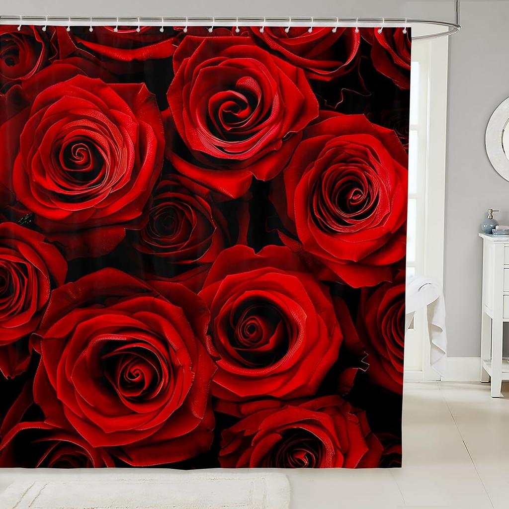 Red Rose Shower Curtain Botanical Floral Romantic Flower Valentine Girls Bathroom Curtain Decor Waterproof Fabric Include Hooks