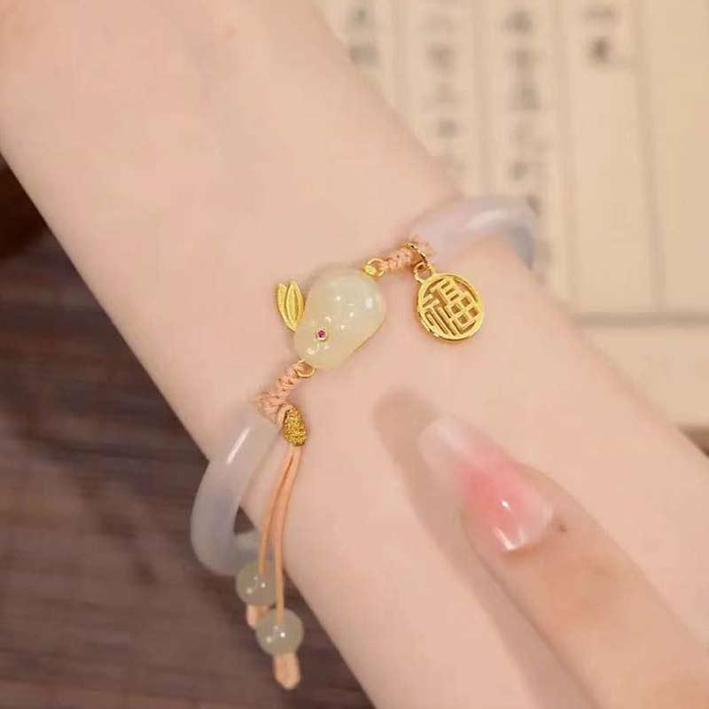 New Jade Rabbit Bracelet Weave Rope Adjustable Vintage Beads Bracelets Chinese Style Vintage Hand Ornaments Jewelry Gifts