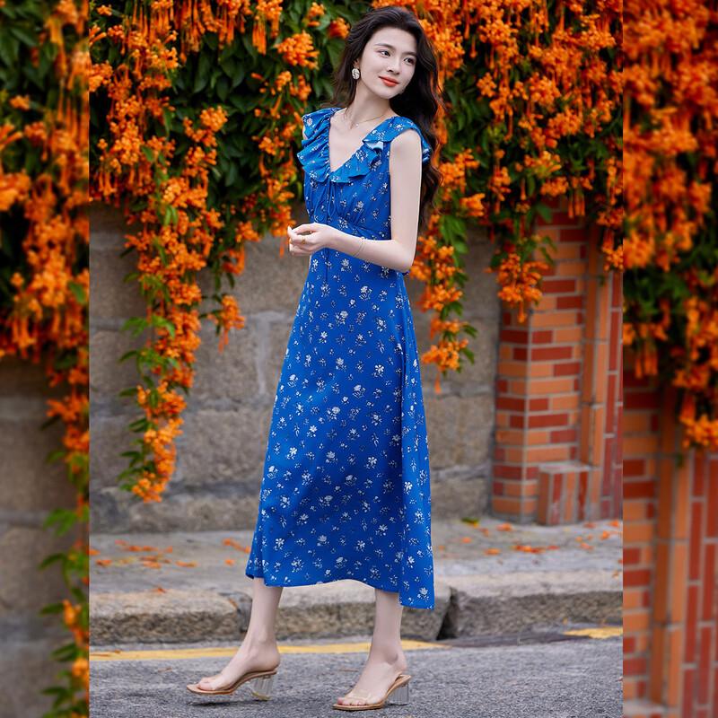 Retro Printed V-Neck Sleeveless Ruffle Maxi Dress
