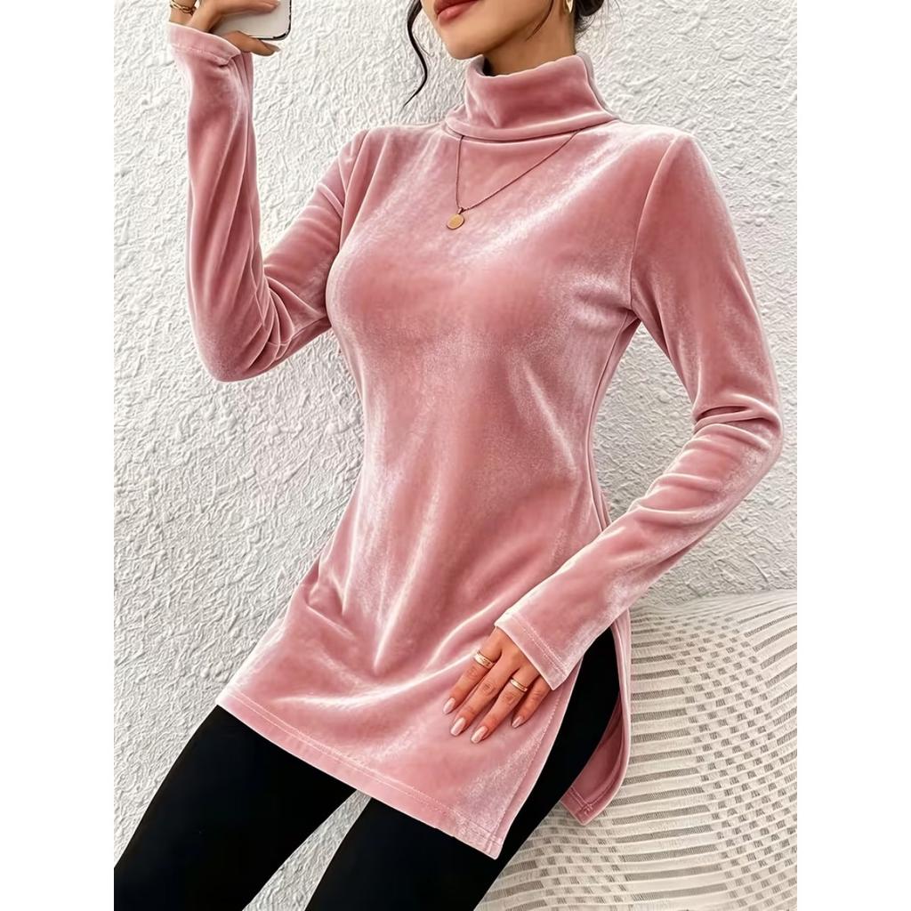 New Women's Velvet Turtleneck Sweater, Slim Fit Split Hem Casual Solid Pullover, Warm Basic Top for Autumn Winter