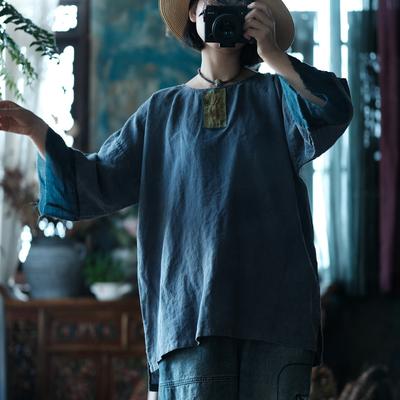 Women Vintage Blue T-Shirts Patchwork Embroidery Spring Long Sleeve O-Neck Loose T-Shirts