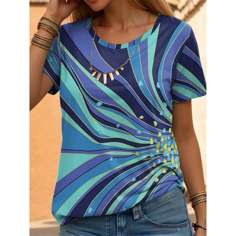 Summer Round Neck 3D Floral and Abstract Print Top Fashionable Casual Short Sleeved Women's T-shirts
