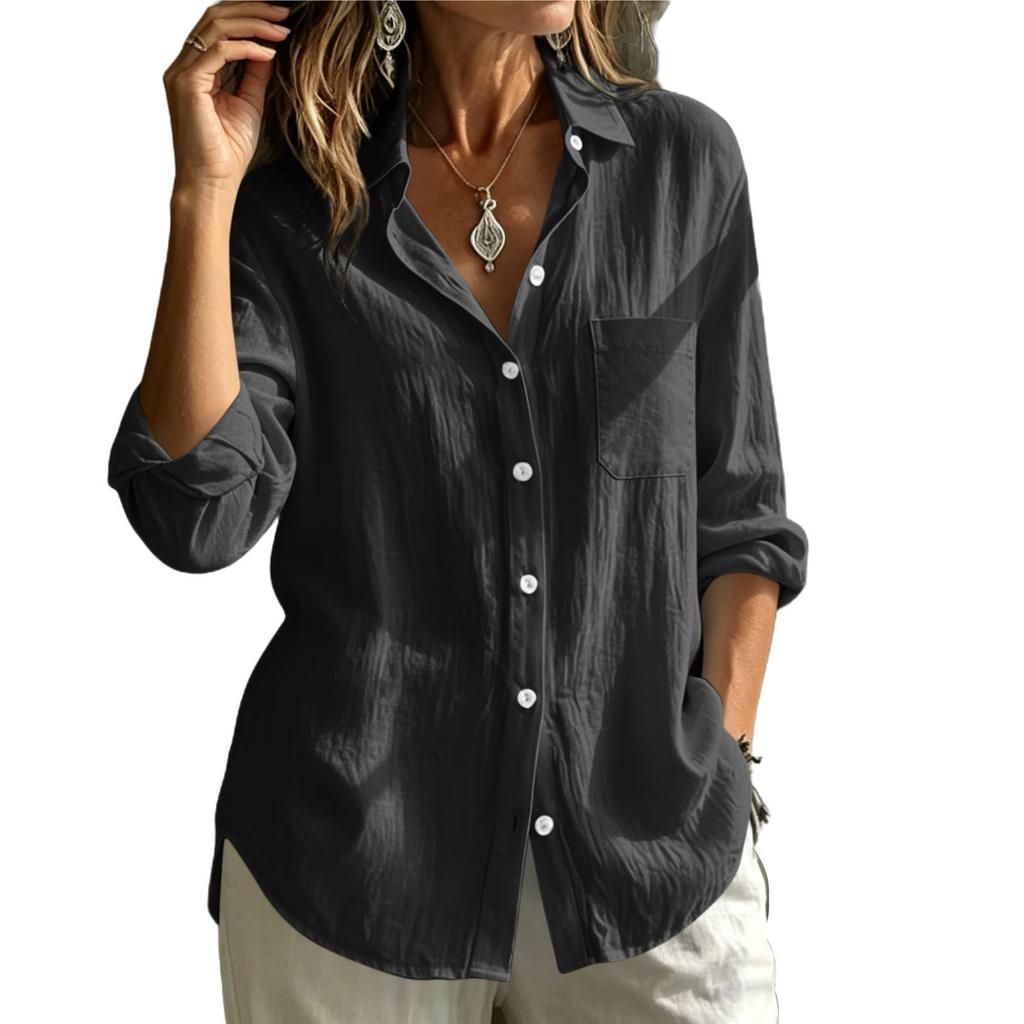 Damen Langarm Button-Down-Hemd Leinen Baumwolle Freizeit Reverskragen Tasche Leicht Schlanke Passform Oberteil