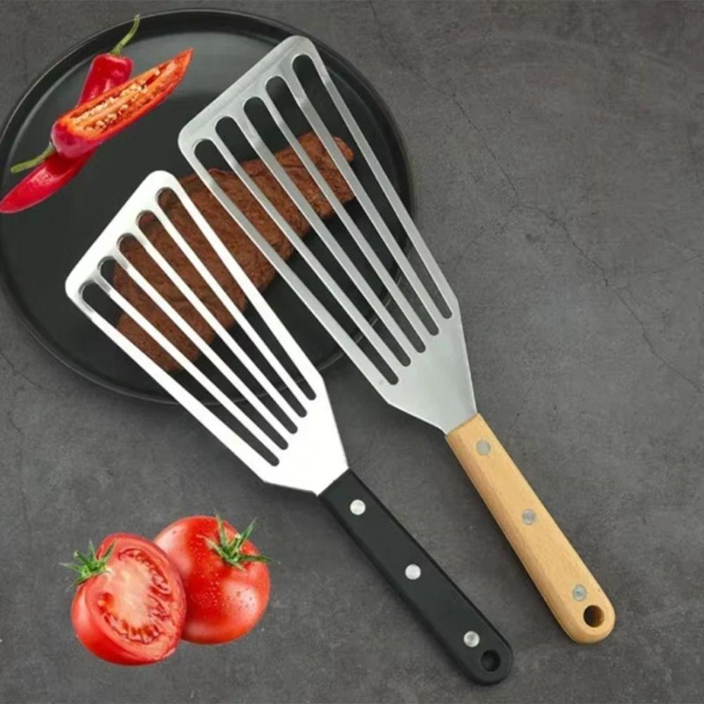 Stainless Steel Fish Frying Spatula Wooden Handle BBQ Cooking Spatula  Kitchen Cooking Utensils