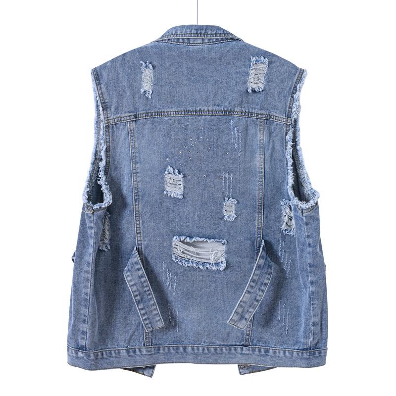 Spring and Autumn Women's Plus Size Denim Vest Mid-length Loose Light Color Casual Waistband Hole Sleeveless Denim Jacket Coat