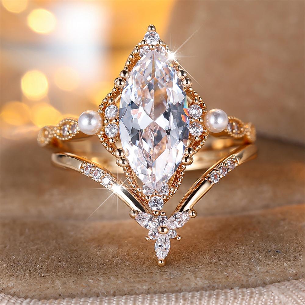 Marquise Stone White Zircon Simulated Pearl Ring Sets For Women Vintage Gold Color Engagement Rings Wedding Jewelry Bridal Set