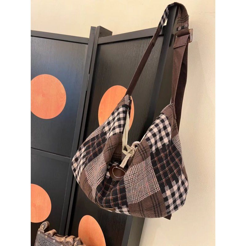 

Корейская ретро холщовая сумка в клетку с контрастной цветной вставкой, женская сумка-тоут большой вместимости в стиле ленивого ветра, сумка-мессенджер на плечо для通勤