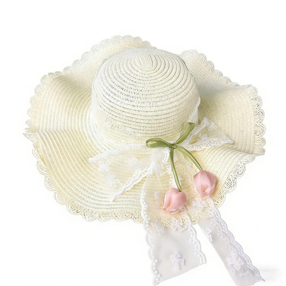 

Elegant Lightweight Straw Hat Lace Bow Woven Straw Sun Hat Flower Decoration Breathable Sunscreen Hat Beach белый
