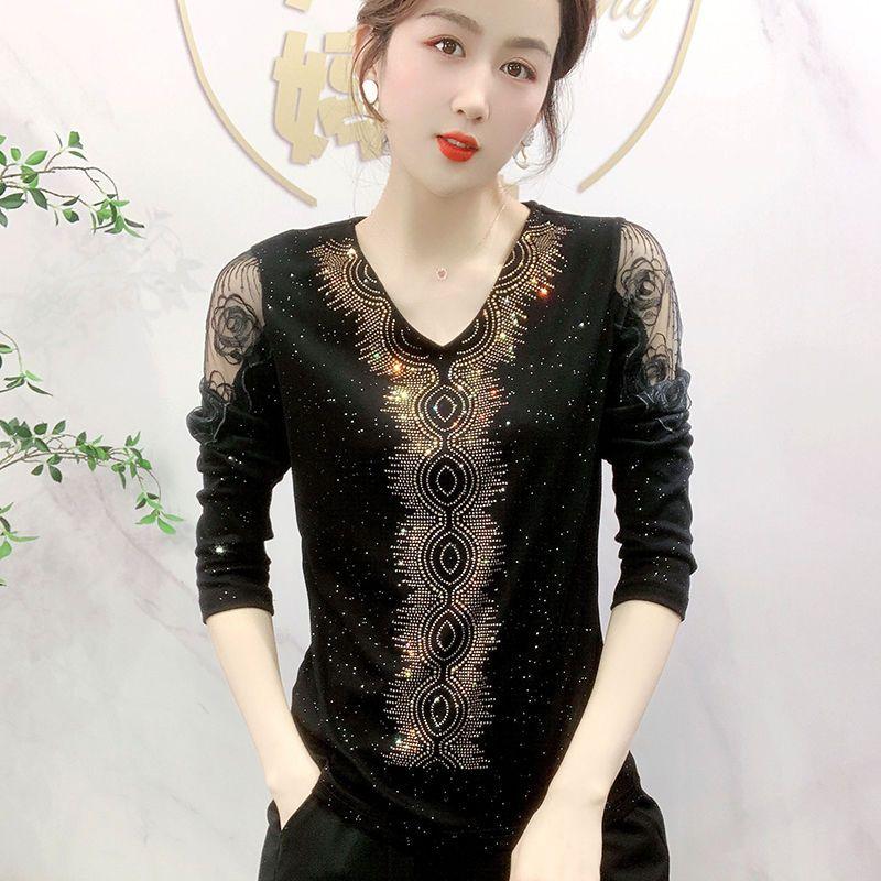 

HI-FASHION газовые однотонные топы с v-образным вырезом и бриллиантами, повседневные тонкие пуловеры с длинными рукавами, футболка, женская одежда XXL чёрный