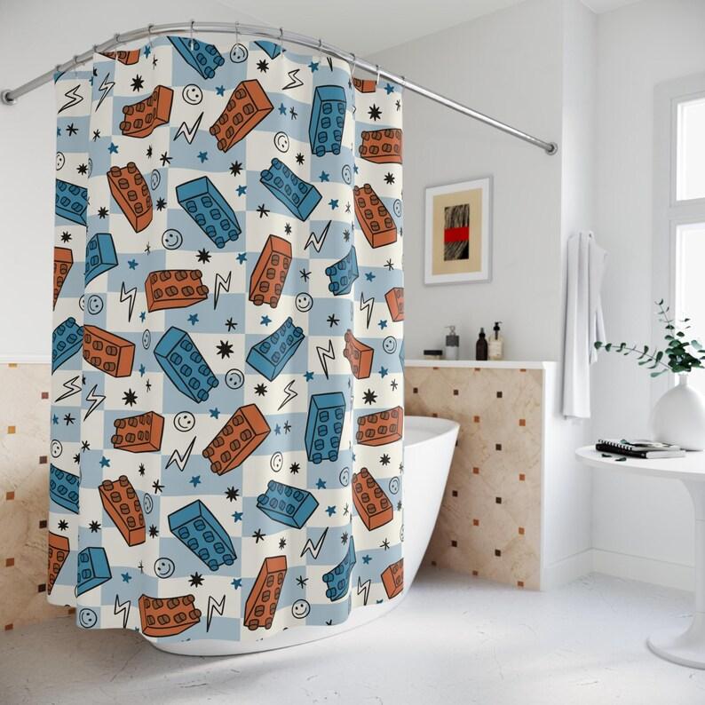 

Boys Block Print Shower Curtain - Checkered Kids Bathroom Decor & Custom Gift W60H190(CM)-1 Pcs