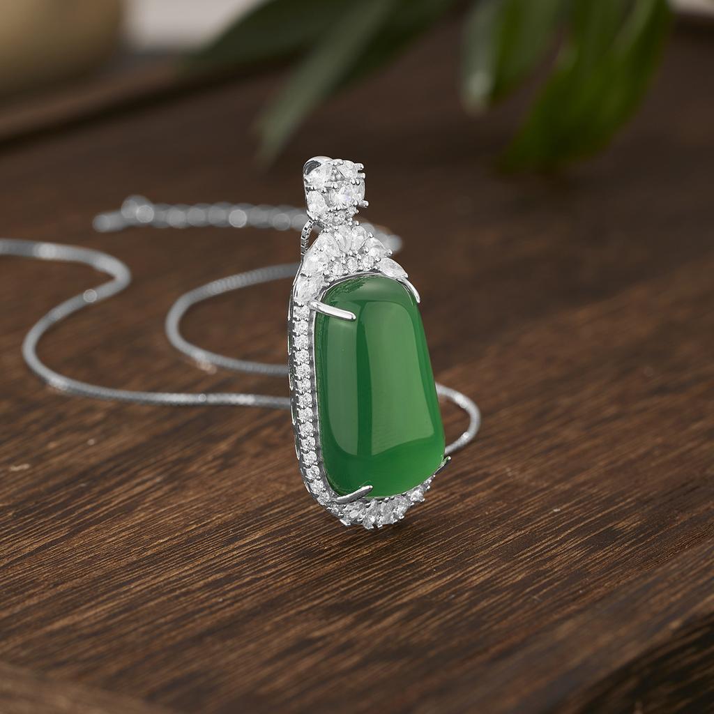 S925 Sterling Silver Inlaid Natural Chalcedony Ping An Plaque Necklace, Luxury National Style Jade Pendant Clavicle Chain for Women