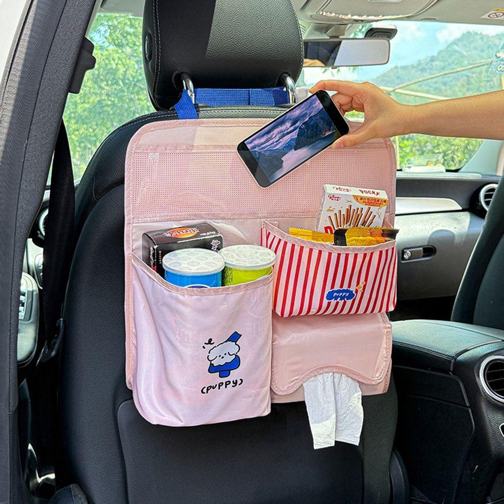 Multi Pocket Car Seat Storage Bag Cartoon Pattern Large Capacity Rear Door Hanging Bag with Buckle Foldable Seatback Pockets