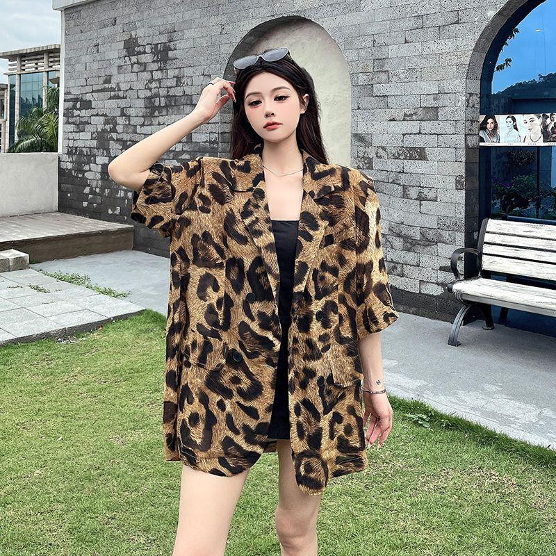 Summer Ladies Premium Retro Fashion Leopard Print Loose Short Sleeve Shirt Casual Blazer Coat Outerwear