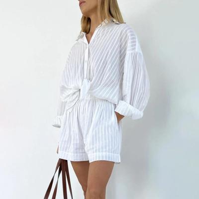 Camisa feminina de manga comprida com lapela enrugada de duas peças, shorts de cintura alta com cordão, conjunto de tamanho grande, ternos da moda