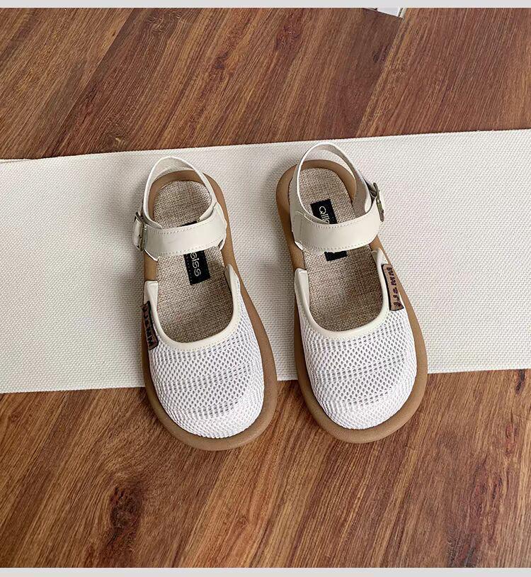 Women's Breathable Mesh Closed-Toe Linen Sandals - Hollow Design, Single Strap, Plus Size Available