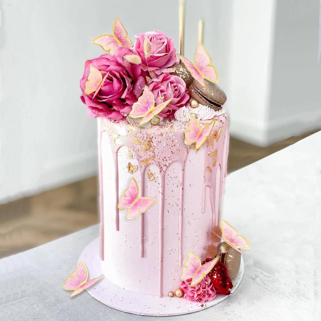 11PCS of Pink Gold Butterfly Cake Decoration for Mother's Day, Wedding, Outdoor Picnic Dessert,Butterfly Themed Party Decoration