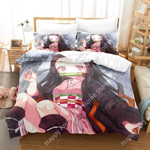 Anime Demon Slayer Beding Set Nezuko Kamado Soft Duvet Cover Warm Comforter Bed Linen Single Twin Ful Quen Sized Dimensions 3d Girl Young Boys Gift
