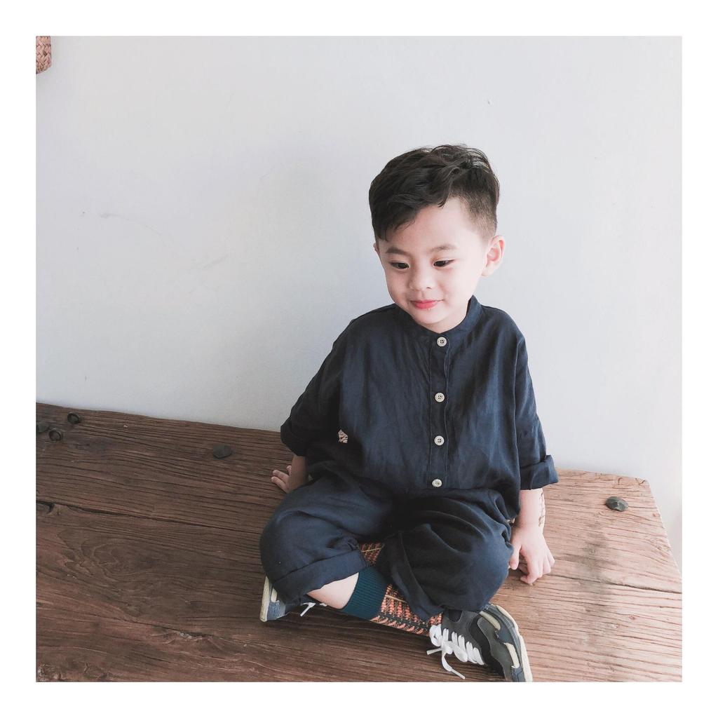 Korean-Style Linen Jumpsuit for Kids - Long Sleeve, Solid Color, Buttoned, Unisex, Loose Fit