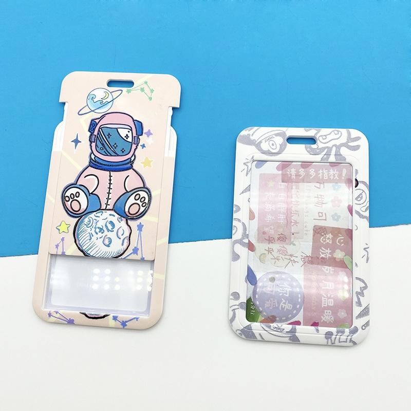 Women Men Work Card Cover White Astronaut Pattern Business Name Card Badge Holder Bus Access Guard Credit Card Case with Lanyard