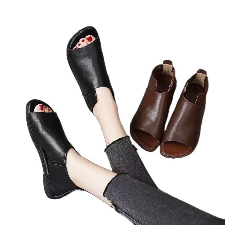 Summer 2025 Women's Peep-Toe British Slip-On Sandals - Soft Leather, Flat Sole, Heel-Covering Roman Style