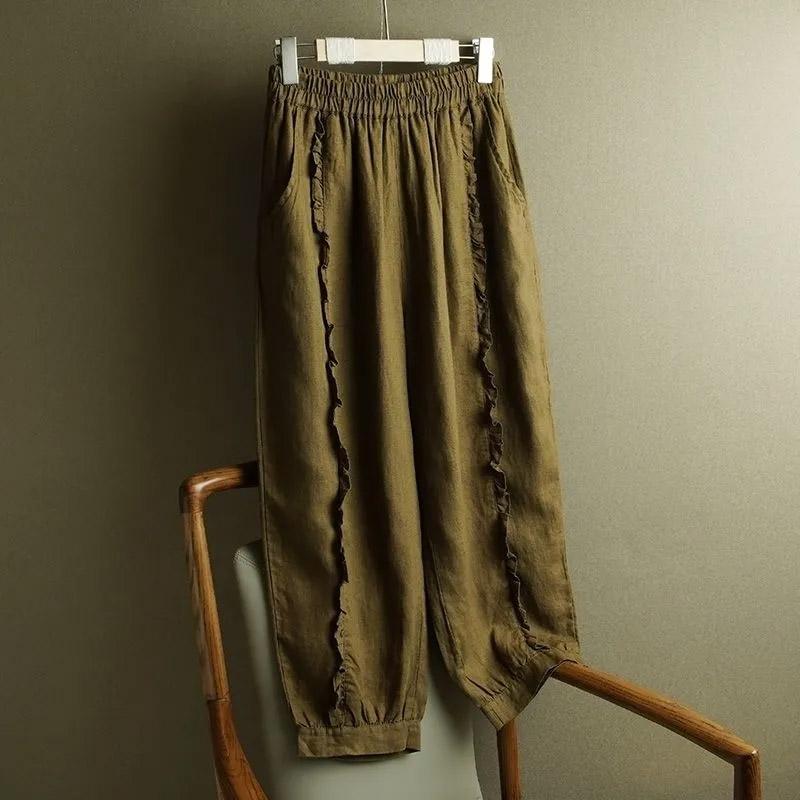 

Хлопковые брюки летние женские большие размеры свободные пижамные брюки универсальные повседневные льняные брюки с высокой талией широкие XXXL зелёный