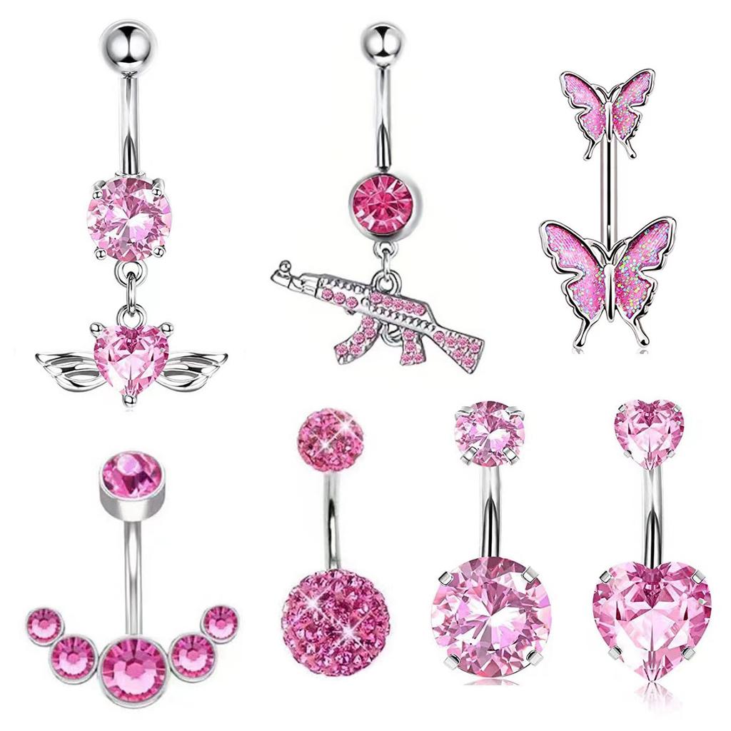 7-piece Pink and White Navel Ring Set with Heart, Zircon, Butterfly, and Gun Navel Ring Combination