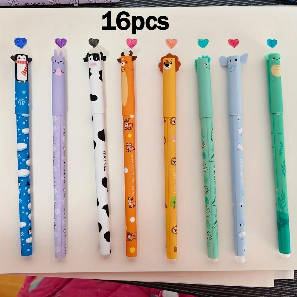 16pcs/8pcs Colorful Erasable Cartoon Gel Pens, 8 Colors, Cute Cartoon Design, 0.5mm Refill Note-Taking Marking, pens for writing