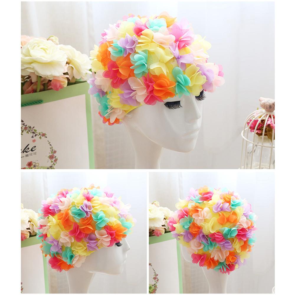 Damen 3D Blumen Design Badekappe Wasserdicht Elastisch Weich Bade Duschhaube für Damen Tauchen Schwimmen Strandkappe Badezimmerzubehör