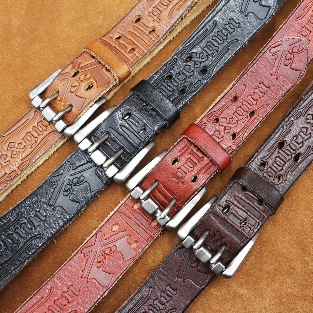 Bold And Thickened Double Pin Buckle Belt, Men'S Genuine Leather Pure Cowhide First Layer Embossed Belt, Retro Casual Jeans Belt
