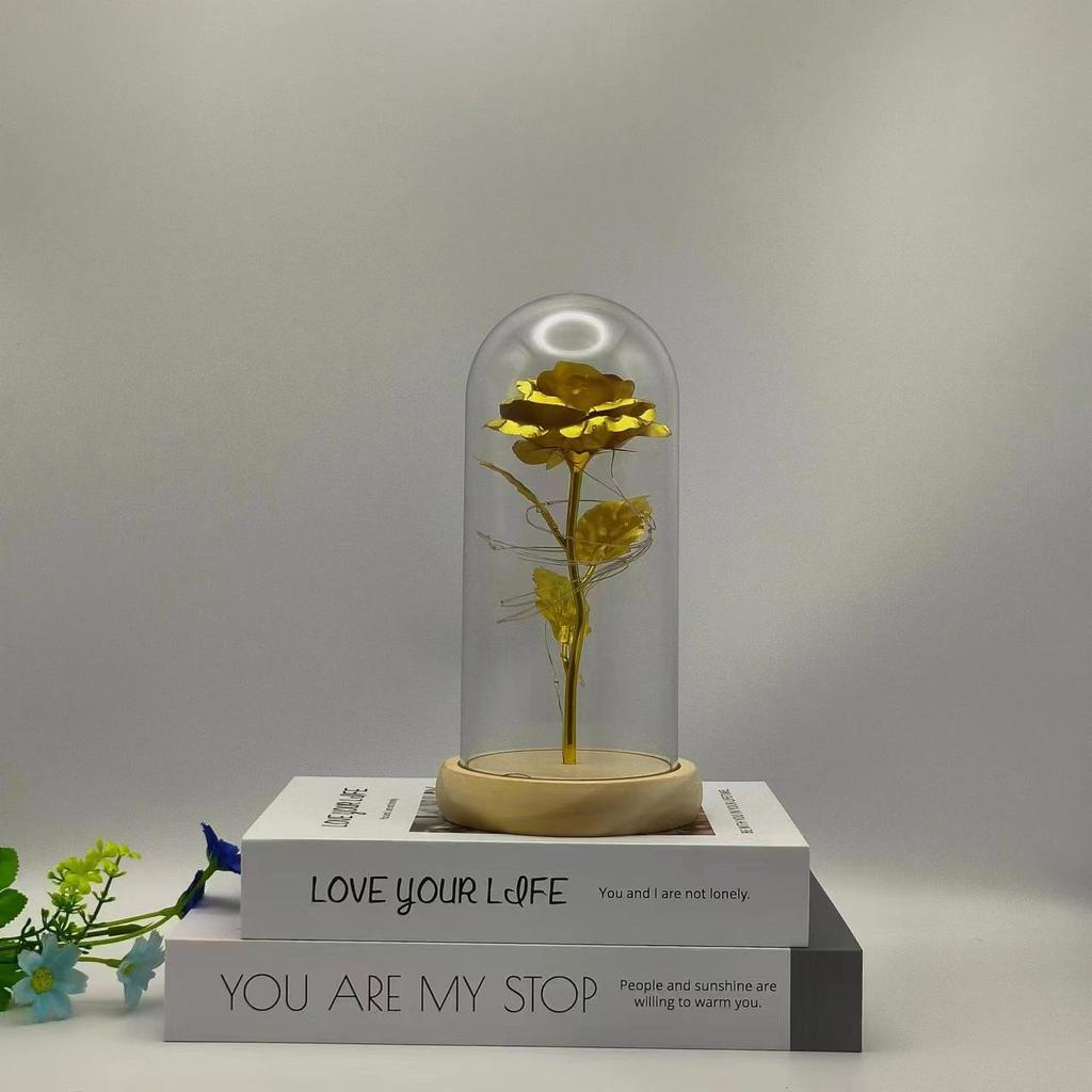 Gold Leaf Preserved Rose in Glass Dome with LED Light